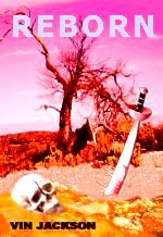 sword and human skull in a desolate landscape